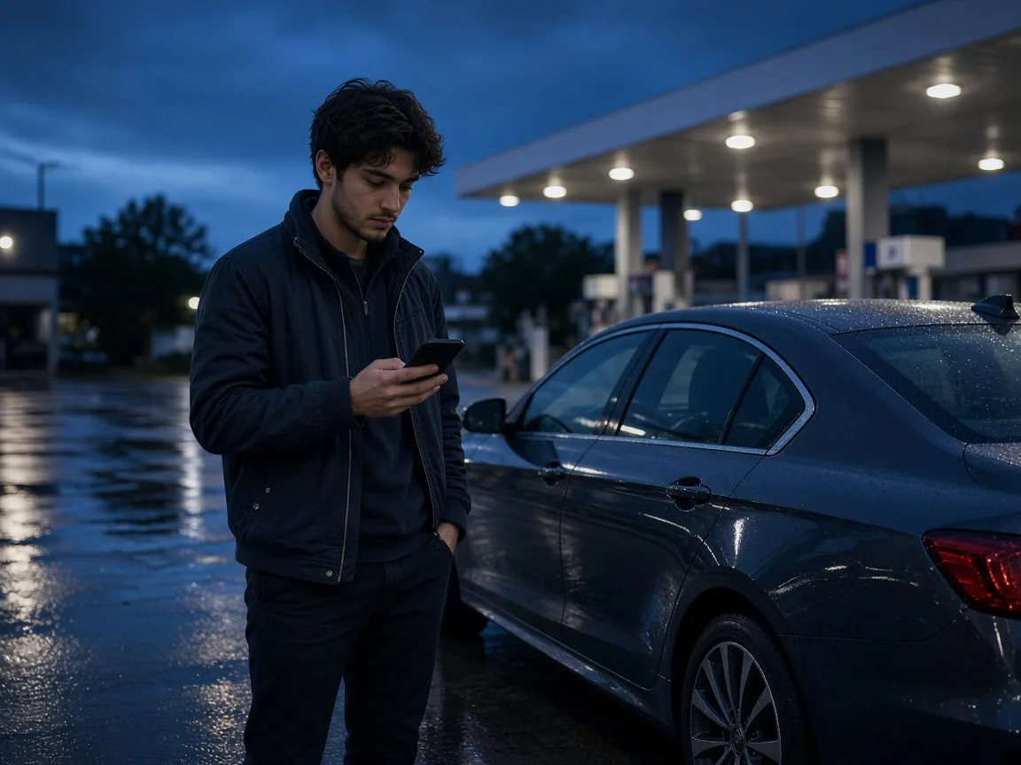 A driver looks at a phone inside a car.