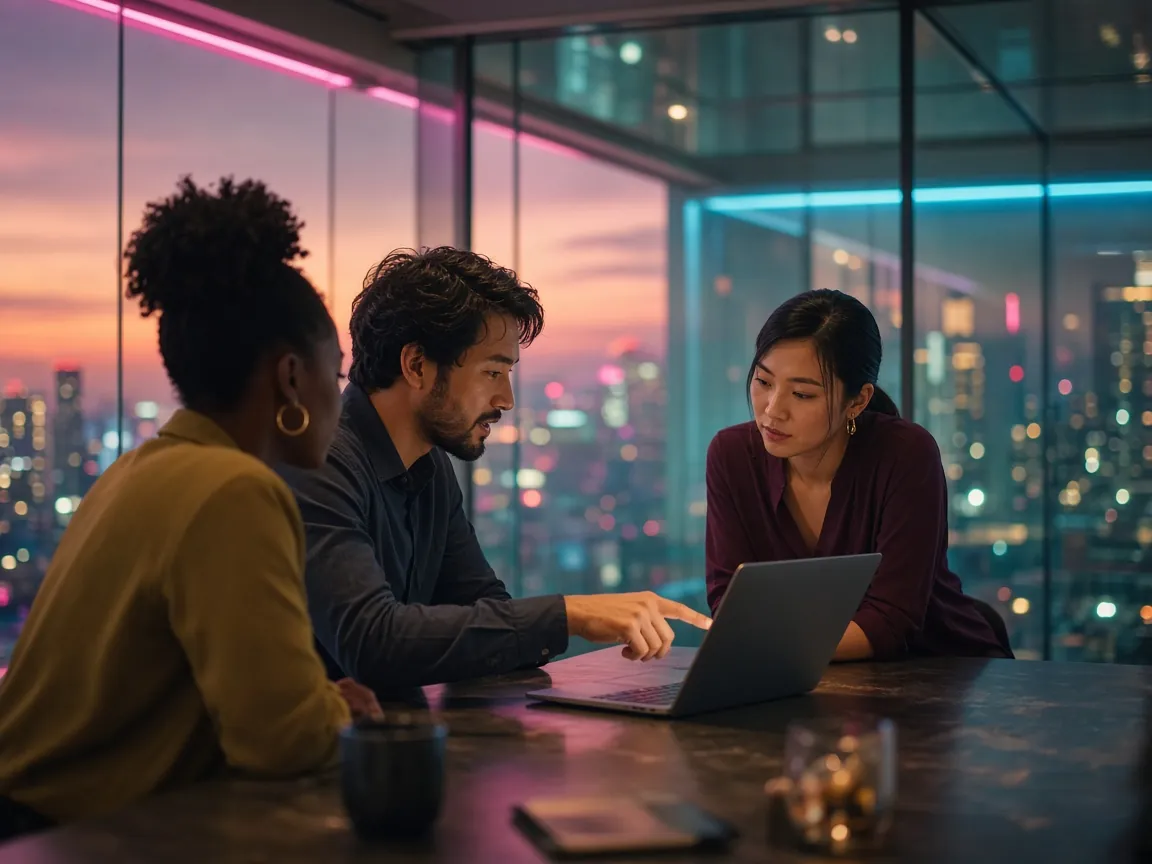 Colleagues look over results on a laptop.