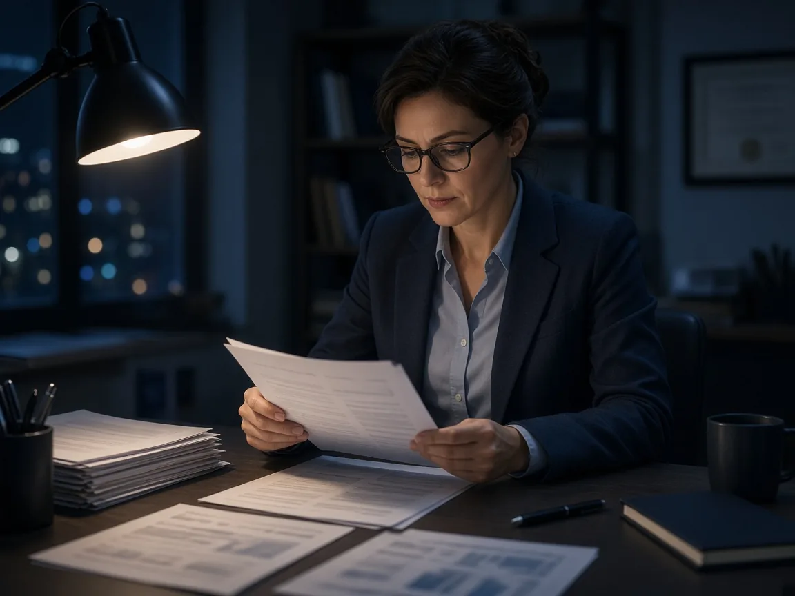 A page under review on a desk at night.
