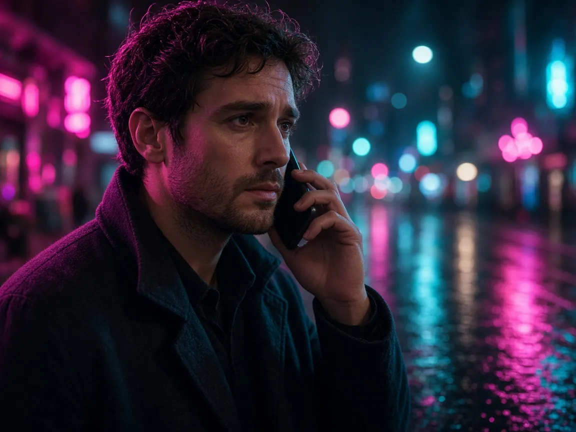 A man on a neon street makes a phone call.